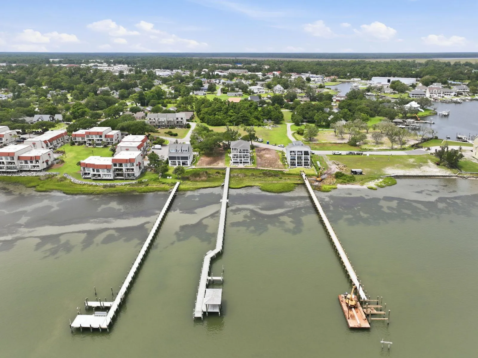 Aerial view of the docks on Bogue Sound