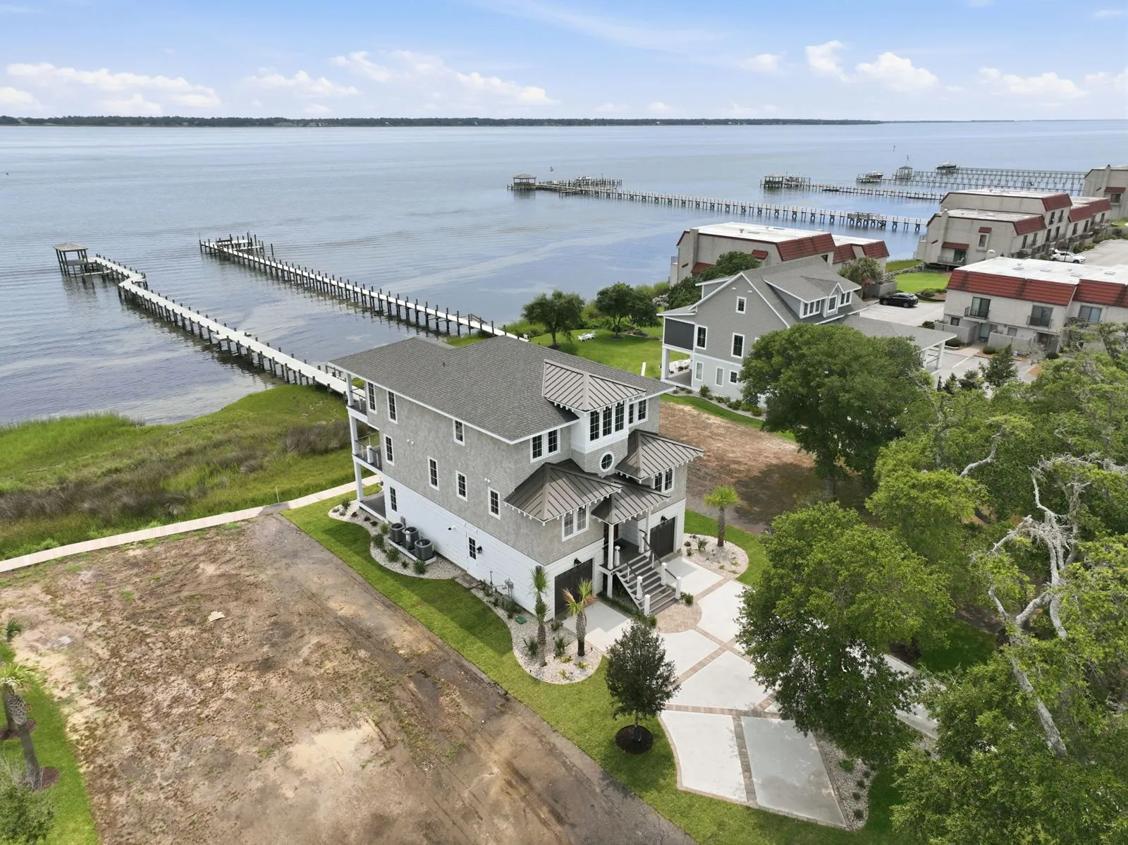 Aerial view of the home and dock