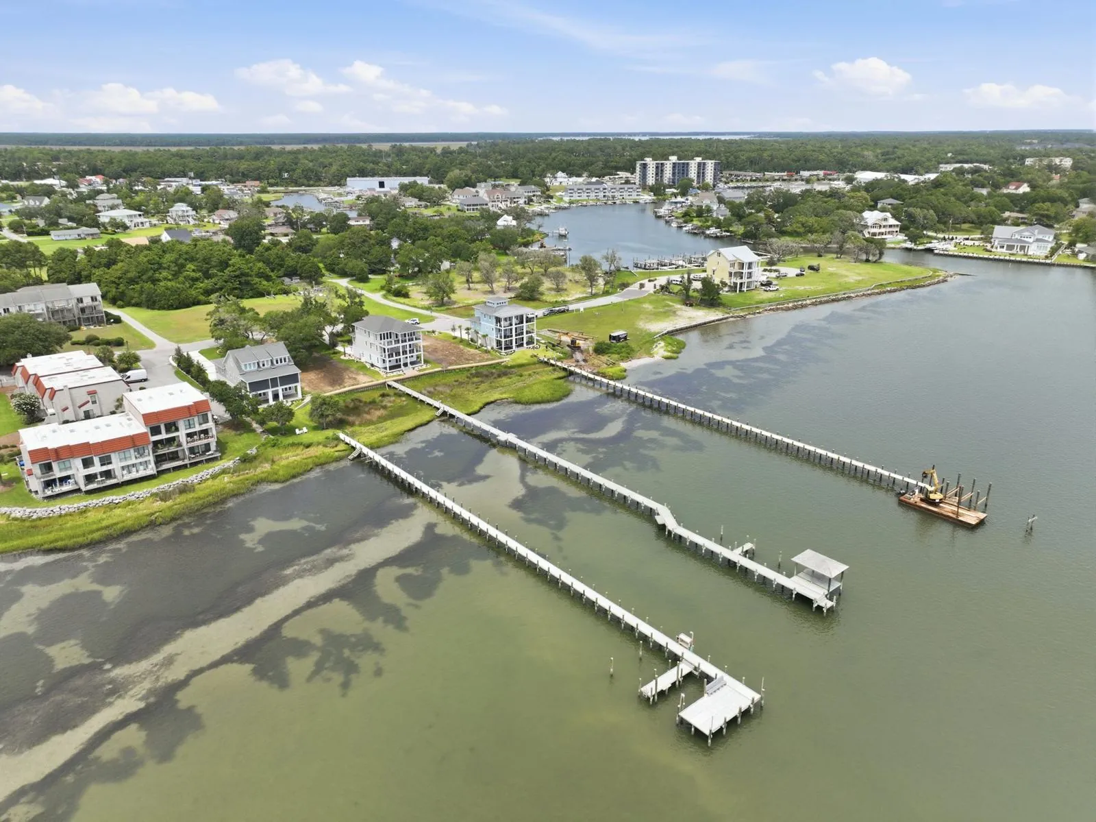 Aerial of the shoreline and docks